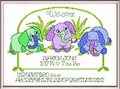 cross stitch pattern 3 Elephants Birth Record