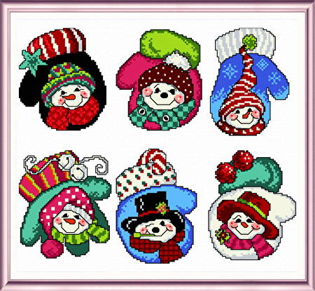 cross stitch pattern Six Snowman Mitten Ornaments