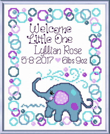 cross stitch pattern Lyllian Elephant Birth record