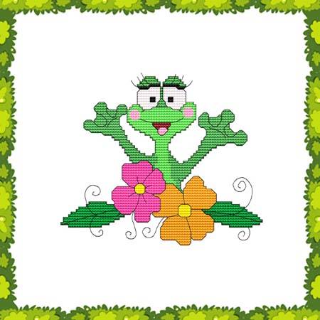 cross stitch pattern Funny Frog Flowers