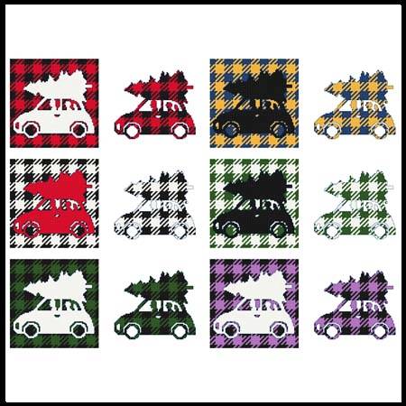 cross stitch pattern Fun With Plaid - Car With Christmas Tree