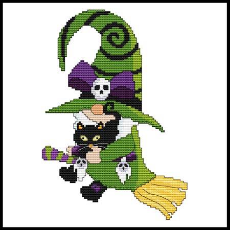 cross stitch pattern Halloween Gnome - Cat Witch