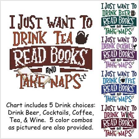 cross stitch pattern I Just Want To Drink READ BOOKS Nap